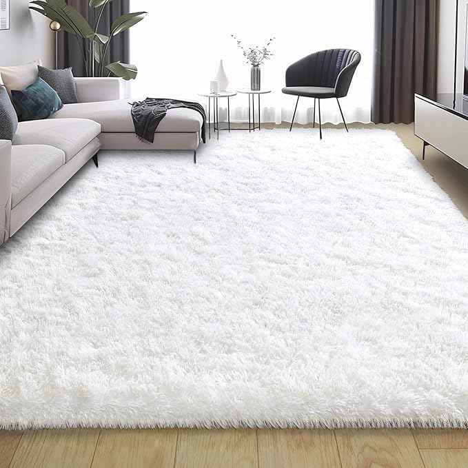 8x10 Large Area Rugs for Living Room, Fluffy Washable White | Upgrade Non-slip, 8 x 10 Big Shag Rug for Girls Bedroom Kids Nursery, Modern Shaggy Furry Carpet for Dorm, Flame Resistant