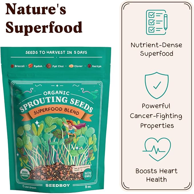 Seedboy Organic Non-GMO Sprouting Seeds, Superfood Blend - USA Grown Microgreens Mix with Broccoli, Radish, Pak Choi, Clover, Red Kale - 8 oz Makes 8 Quarts / 32 Servings (Superfood Blend)