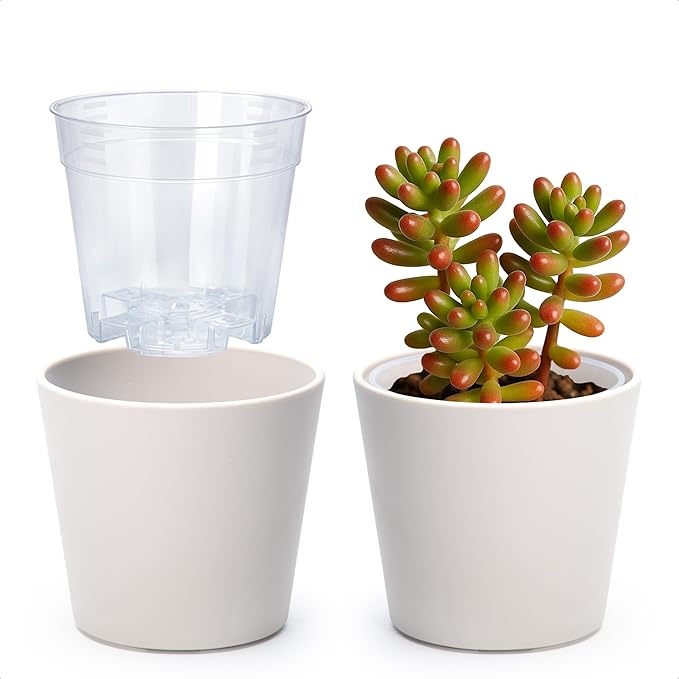 Phoenix Vine 4.5 Inch Oatmeal Plastic Cachepot with Clear Nursery Pot, Decorative Lightweight Planter Cover with Transparent Inner Pot for Indoor Houseplants, Pack of 2, 24-B-G-2