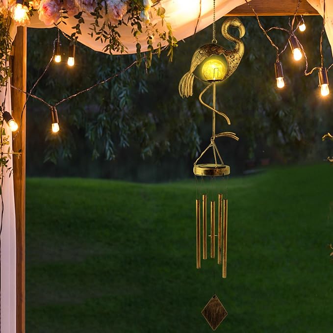 Solar Wind Chimes for Outside Gifts for Women Mom Grandma Sister Crackle Glass Ball Flamingo Wind Chimes Solar Lights Outdoor Decor for Garden Backyard Patio Yard Porch, Mothers Gift Birthday Gifts