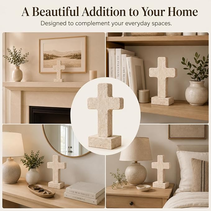 Natural Travertine Cross Decor for Home, Standing Christian Cross for Tabletop, Fireplace & Shelf, Catholic Religious Gift for Women Men, Stone Sculpture for Prayer Room
