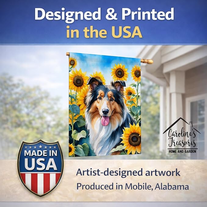 Caroline's Treasures DAC6061CHF Collie in Sunflowers House Flag Large Porch Sleeve Pole Decorative Outside Yard Banner Artwork Wall Hanging, Polyester, House Size, Multicolor