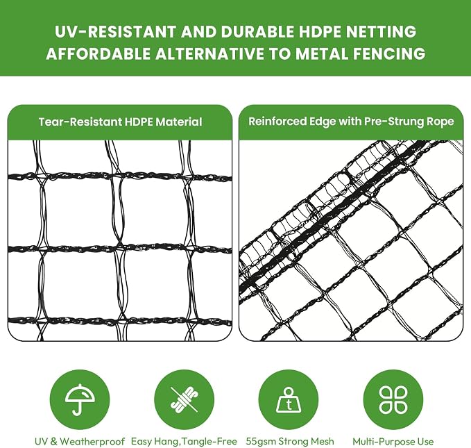 Deer Fence for Garden 4ftx50ft, Plastic Mesh Garden Fencing with Pre-Strung Reinforced Edge, Durable Temporary Fencing, Animal Barrier Fence, Ideal Safe Netting for Poultry, Fruit & Plant Protection
