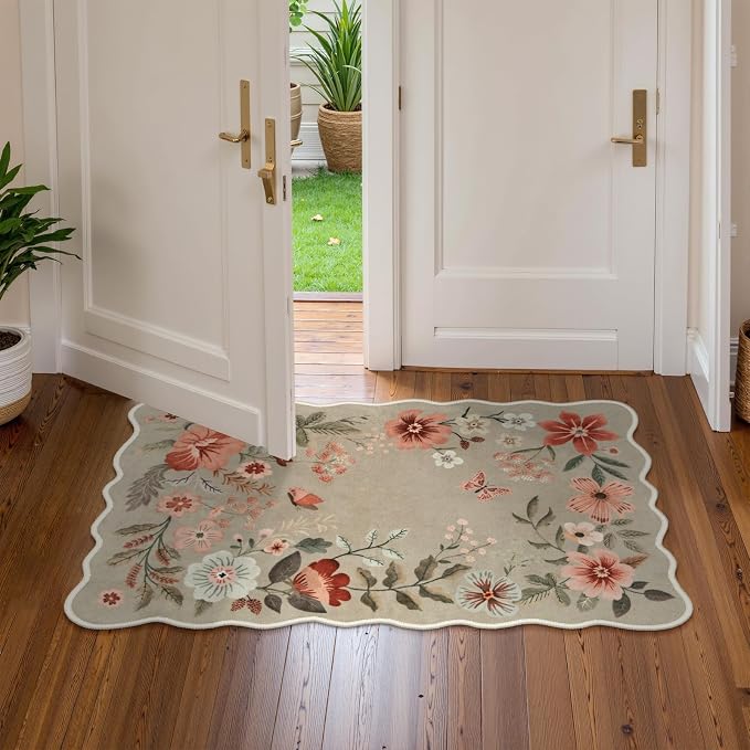 Lahome Floral Washable Kitchen Rug, Ultra-Thin Fall Door Mat, Indoor Entrance Stain Resistant Boho Small Low-Pile Throw Rug for Bathroom Bedroom Flore (2x3ft, Brown)