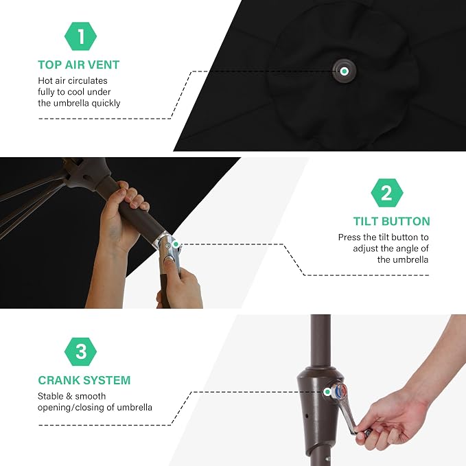 JEAREY 9FT Outdoor Patio Umbrella,Market Table Umbrella with 8 Fiberglass Ribs, Pool Umbrella with Tilt and Crank, UV Protection Lightweight & Wind-Resistant for Lawn, Garden, Deck and Backyard, Black
