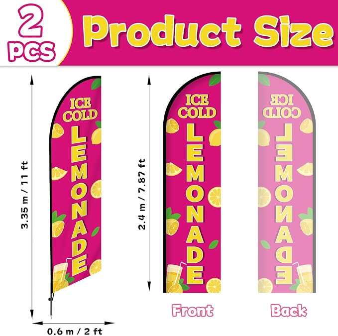 2 Sets Lemonade Feather Flag for Business Advertising 11 FT Summer Lemonade Swooper Flag Sign with Pole Ground Stake Portable Bag Windless Welcome Open Banner for Outside Garden Business Store (Pink)