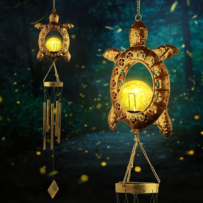 Sea Turtle Solar Lights Outdoor Decor Crackle Glass Ball Solar Turtle Wind Chimes for Outside Unique Gifts for Women Birthday Gardening Gift Housewarming Ornament for Patio Yard Garden Decor