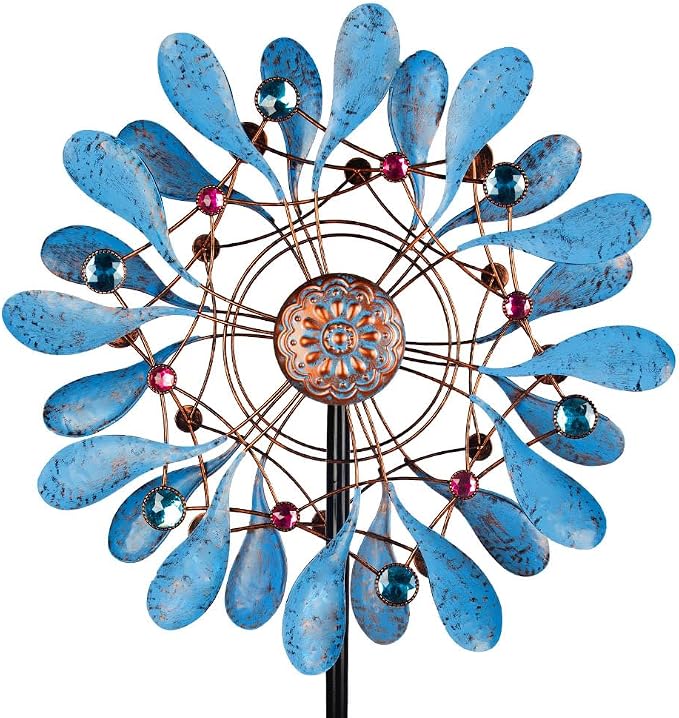 Stargarden Wind Spinners Outdoor, Large Kinetic Wind Spinner | Waterproof Blue Pinwheels with 4 Sturdy Stake, Metal Windmill for Yard, Porch Decor (21*90 Inches)