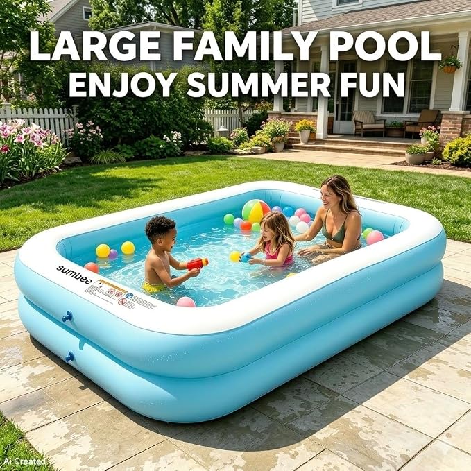 Sumbee Inflatable Pool for Kids and Adults, 103" x 69" x 20" Oversized Thickened Blow Up Swimming Family Pool for Toddlers Outdoor Patio Backyard Garden Deck Summer Party, Full Size Rectangular Blue