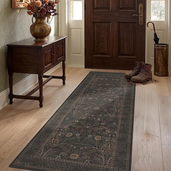 2x5 Small Runner Rug for Kitchen - Non Slip Brown Throw Rugs for Entryway, Laundry, Bathroom, Southwestren Floral Cabin Bedroom, Hallway Thin Stain Resistant Carpet
