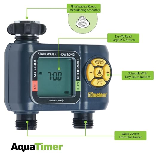 Melnor 65139AMZ AquaTimer Digital Hose Timer, 2-Zone Programmable Watering Timer, Quick Connect Bundle, Black, Yellow