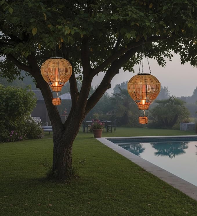 Regal Art & Gift Hot Air Balloon Solar Lantern – Hanging Solar-Powered LED Lights, Waterproof Portable Decorative Outdoor Lamp Made of Metal & Glass for Garden, Patios & Pathway – Wicker (Large)