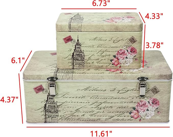 DreamsEden Tin Metal Keepsake Boxes, Vintage Decorative Storage Box with Lid for Keepsakes Memory Seed Tea Container, Set of 2