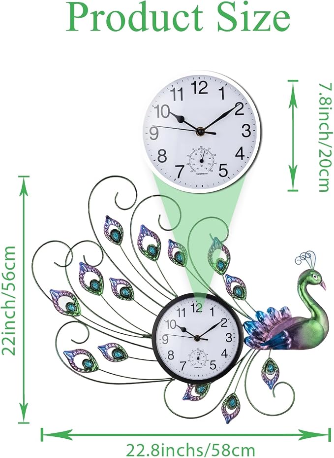 Unique Outdoor Clock Silent None-Ticking, Outdoor Wall Clock with Thermometer, Waterproof Outside Clock for Patio, Living Room, Kitchen (Green & Blue)