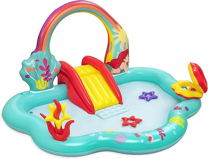 Disney Little Mermaid Inflatable Kids Water Play Center Activity Pool with Slide, Ring Toss, and Ball Toss Game for Kids 2 and Up