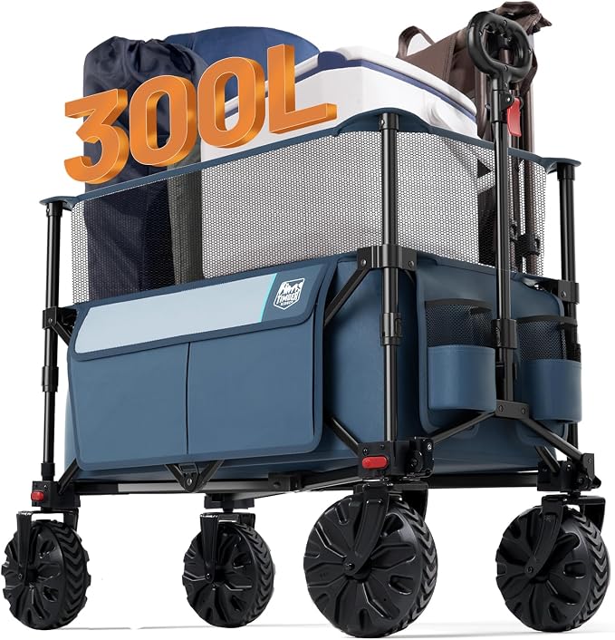 Timber Ridge Foldable Wagon 350L Extendable Height, Large Capasity Collapsible Wagon Cart with All Terrians Detachable Wheels, Compact Folding Utility Wagon for Camping, Fishing, Shopping Navy