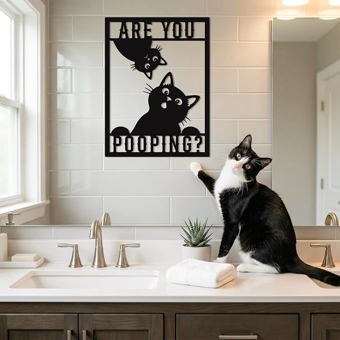 Custom Funny Cat Are You Pooping Metal Wall Art Sign, Personalized Bathroom Humor Decor, Cute Cat Toilet Sign, Quirky Restroom Wall Decor, Funny Gift for Cat Lovers