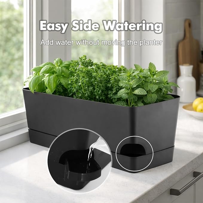 Party Zealot Self Watering Pots for Indoor Plants, 5 Pack Window Boxes Planters 17 Inch Rectangular Planter Rectangle Flower Pots Long Plant Pot Large Window Sill Herb Planter Box, Black