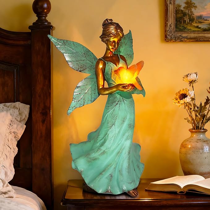 Solar Fairy Garden Statue Decor - 10 Inch Angel Girls Resin Figurine Waterproof Home Decoration with Hummingbird LED Lights for Bedroom Balcony Table Yard Patio, Gifts for Women Mom Birthday