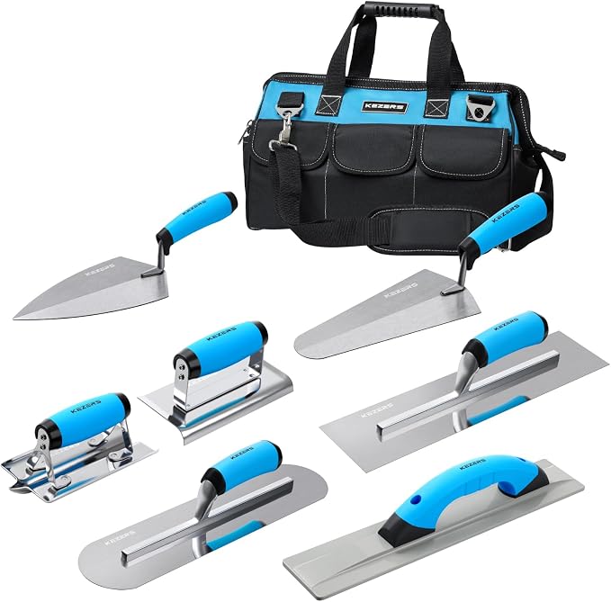 KEZERS 8-in-1 Concrete Finishing Tools Kit: Magnesium Float, Finishing & Pool Trowel, Gauging & Brick Trowel, Concrete Groover & Edger for Masonry, Stucco Repair & Bricklaying