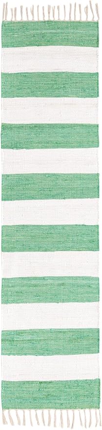 Unique Loom Chindi Rag Collection Area Rug - Striped (2' 2" x 8' Runner, Green and Ivory)