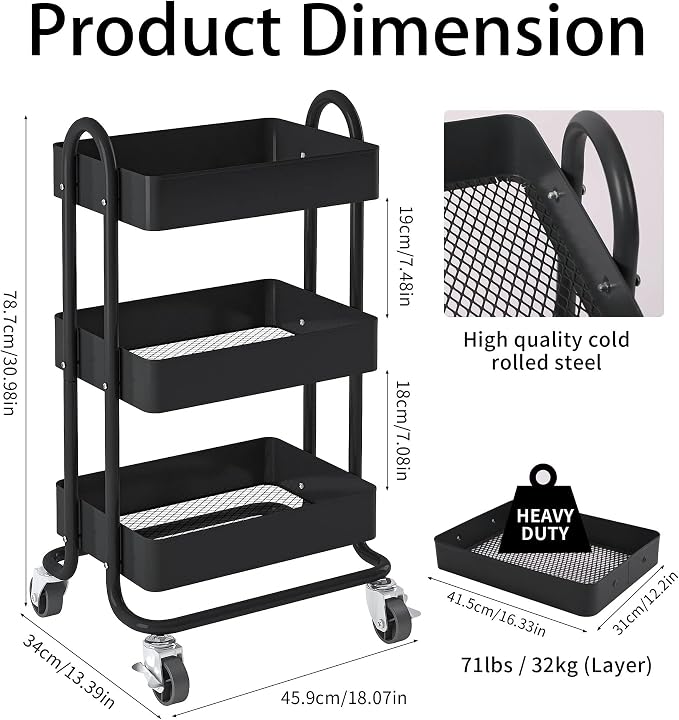 Metal Rolling Cart,3-Tier Metal Rolling Cart with Wheels,3 Tier Utility Cart with Wheels for Office,Home,Kitchen,Garden（13.4"x18.1"x31"） Black
