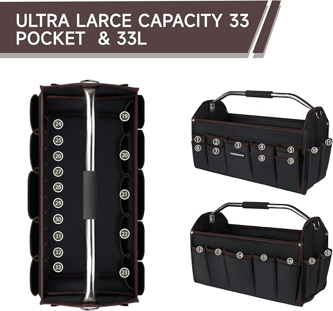 22 In Tool Carrier, Open Top Tool Tote 30 Pockets, Waterproof Tool Bag For Men, Foldable Wide Mouth Electricians Tool Bag, With Stainless Steel Handle and Removable Shoulder Strap