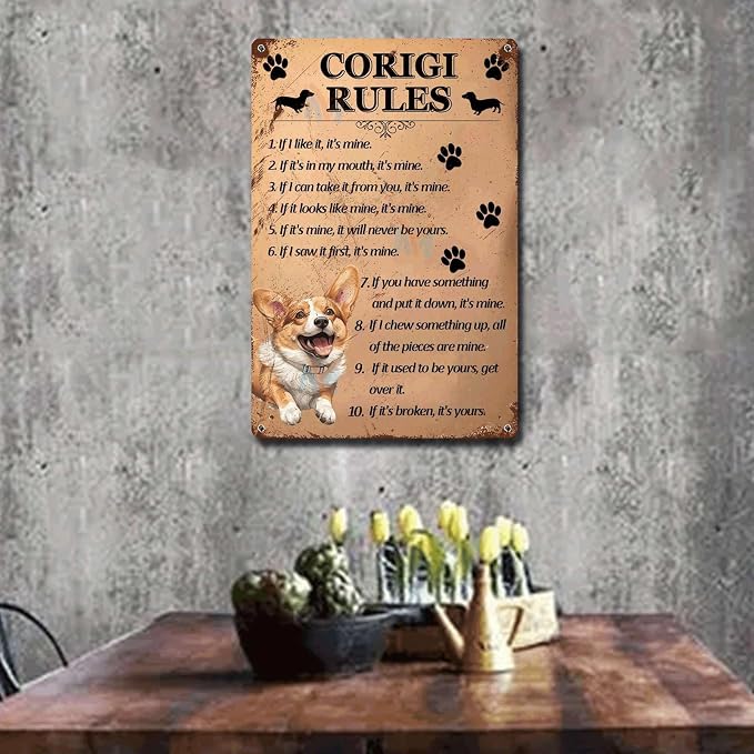 Metal Sign Tin Sign Vintage Wall Art Corigi Rules Garden Metal Sign for Restaurant 6×8 Inches