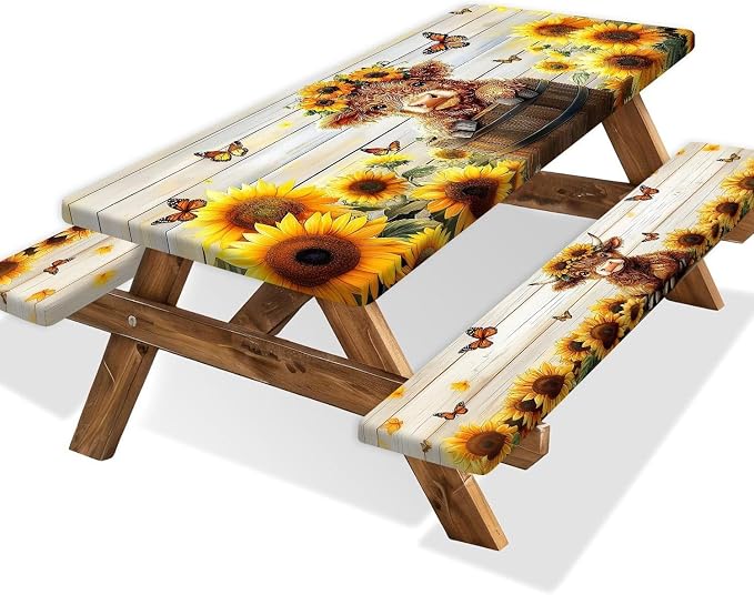 Sunflower Cow Picnic Table Cover with Bench Covers and Bag, Cute Calf Wooden Camper Waterproof Windproof, Fitted Tablecloth Cover with Elastic Edge, for Indoor & Outdoor, Garden, Camping, 30x60 Inch