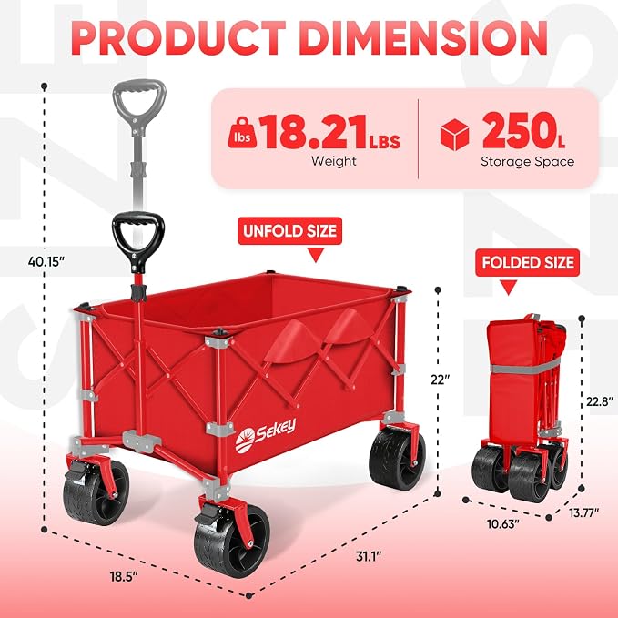 Sekey 250L Wagons Carts Foldable with Big All-Terrian Beach Wheels, Collapsible Heavy Duty Wagon, Extra Large Folding Wagon,Foldable Wagon for Camping, Garden, Sports. Red