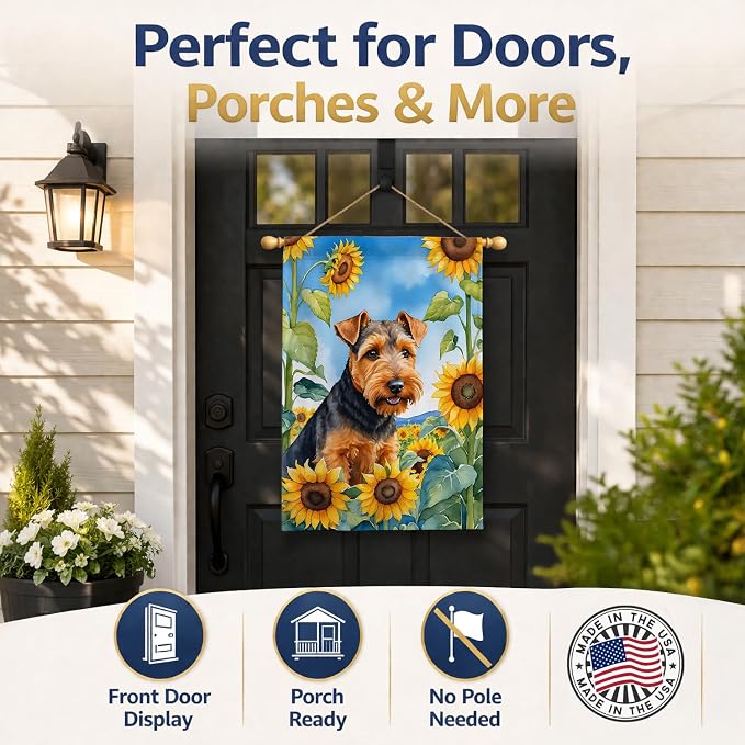 Caroline's Treasures DAC6172CHF Welsh Terrier in Sunflowers House Flag Large Porch Sleeve Pole Decorative Outside Yard Banner Artwork Wall Hanging, Polyester, House Size, Multicolor