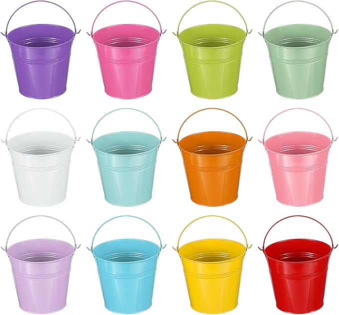 PATIKIL 5"x4.7" Small Metal Buckets with Handle, 12 Pcs Mini Bucket Easter Buckets, Red/Yellow/Blue/Light Purple/Pink/Light Green/Orange/Light Blue/White/Green/Rose Red/Dark Purple