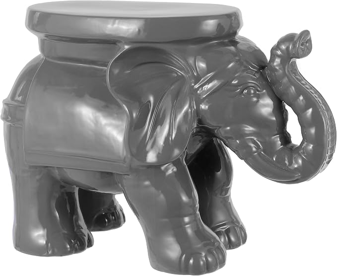 JONATHAN Y White Elephant 14.25" Glazed Ceramic Elephant Garden Stool, Weather-Resistant Indoor/Outdoor Patio Side Table and Plant Stand, Bohemian, Gray TBL1007E
