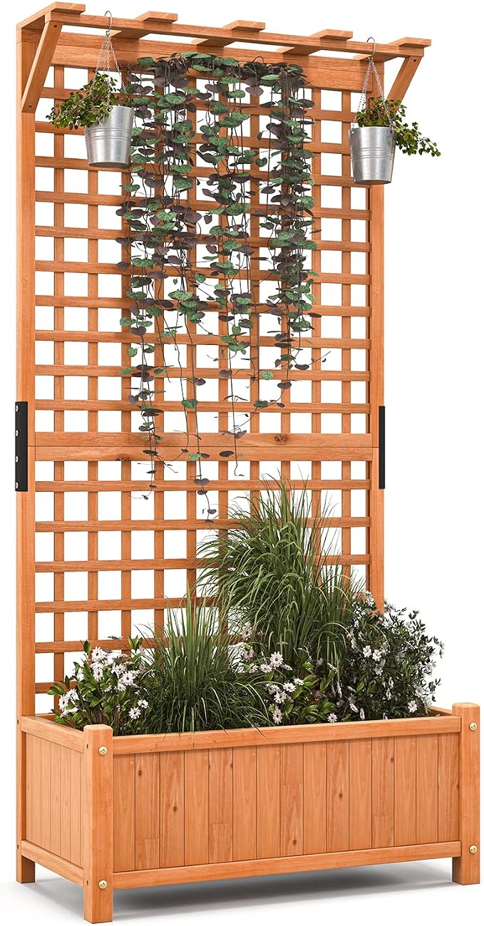 Giantex Raised Garden Bed with Trellis & Roof, 72.5" Wooden Garden Bed, High Trellis for Plant Flower Climbing Pot Hanging, Indoor & Outdoor Planter Box for Yard, Garden, Balcony