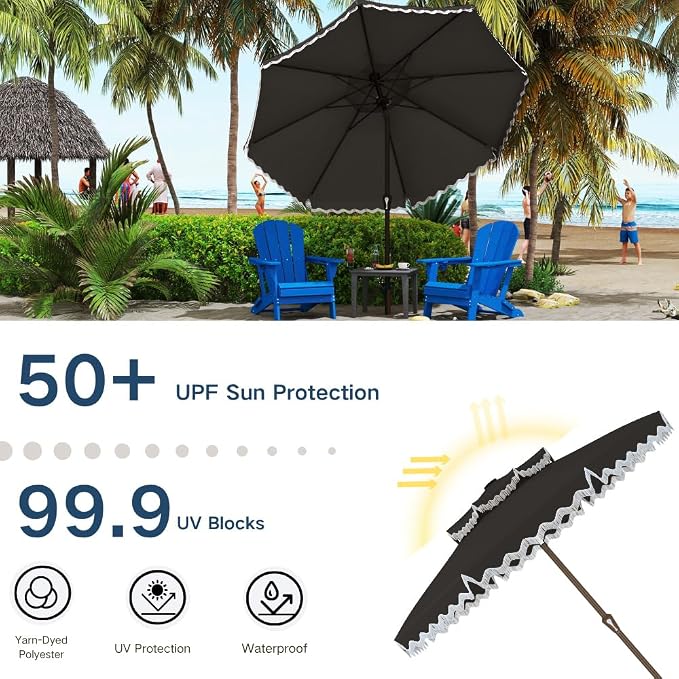 Patiokingdom 9FT Patio Umbrella with Fringe,Tassel Umbrella UPF 50+ & Push-Button Tilt,Rust-Resistant Fiberglass Frame for Pool,Garden,Backyard,Yard (Black)