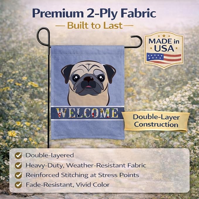 Caroline's Treasures BB1448GF Fawn Pug Welcome Garden Flag, Blue Mailbox Flag Decorative Yard Flag Banner Outside Patio Artwork Yard Flower Beds, Garden Size, Multicolor