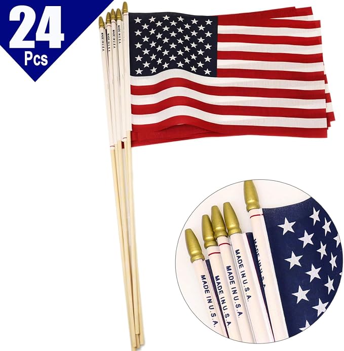 GIFTEXPRESS 24pc 12x18 Inch US Stick Flags Made in USA Printed with Spear Tip - July 4th & Memorial Day US Hand Held Decorations