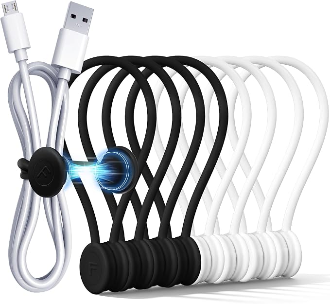 COOLMI Magnetic Cable Ties 8 Pack, 6.88 Inch Reusable Silicone Cord Organizer Wraps, Strong Magnet Cable Management Straps for Charging Cords, USB Cables, Earbuds, Desk, Travel, Black and White