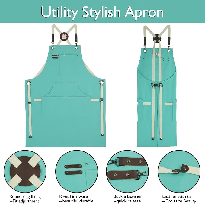 5 Pack Kitchen Aprons, Work Apron, Canvas Apron, Ice Blue | Multiple Pockets, Gardening, Painting, BBQ, Artist, Carpenter, Sizes M to XXL