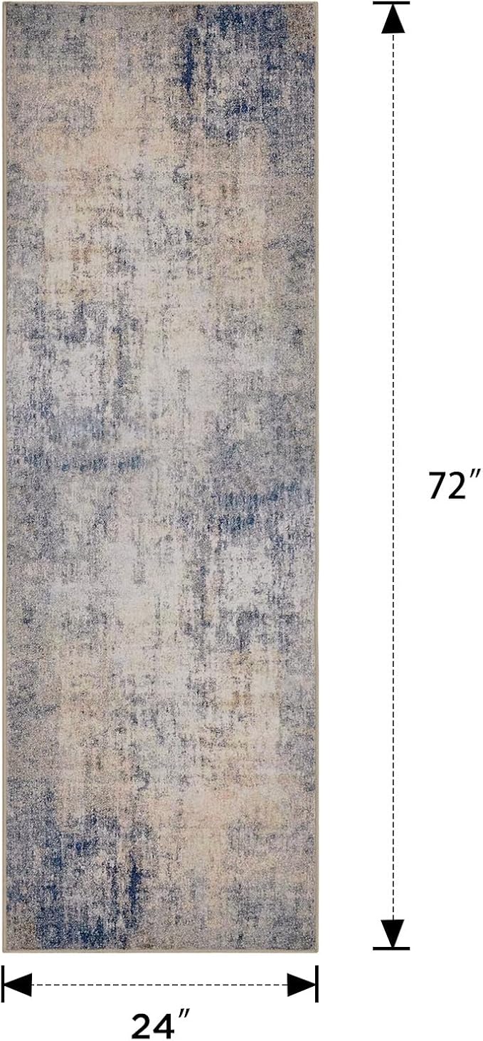Joydeco 2x6 Runner Rug Modern Abstract Machine Washable Rug – Low Pile Faux Wool with Non-Slip Backing, Neutral Print Carpet Runner for Hallway, Kitchen, Entryway, Laundry and Bedroom, Beige&Blue&Pink