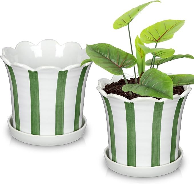 Set of 2 Flower Planter, 5.8 inch Ceramic Plant Pots with Drainage Hole and Sauser, Stripe Ceramic Planters with Wavy Opening for Indoor Outdoor Home Gardening Desktop Windowsill
