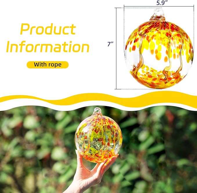 VOREEN 6" Hanging Glass Garden Gazing Ball Hand Blown Glass Witch Ball Christmas Ornament Friendship Balls for Outdoor Garden Patio Window Home Décor, Gift for Mom Wife Friend, Orange