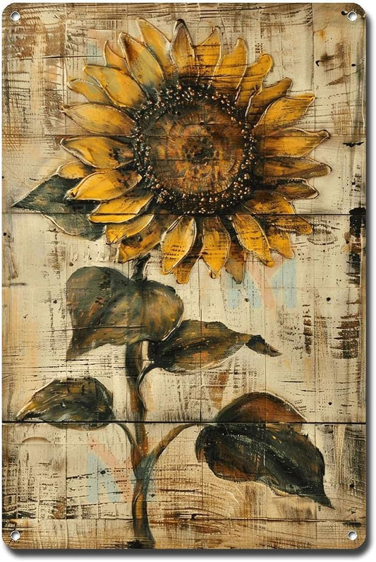 Metal Sign Tin Sign Vintage Wall Art Shabby Chic Sunflower Tin Sign for Rustic Wall Decor Antique Artistry and Distressed Wood Surface Tin Signs for Women for Pub 8×12 Inches