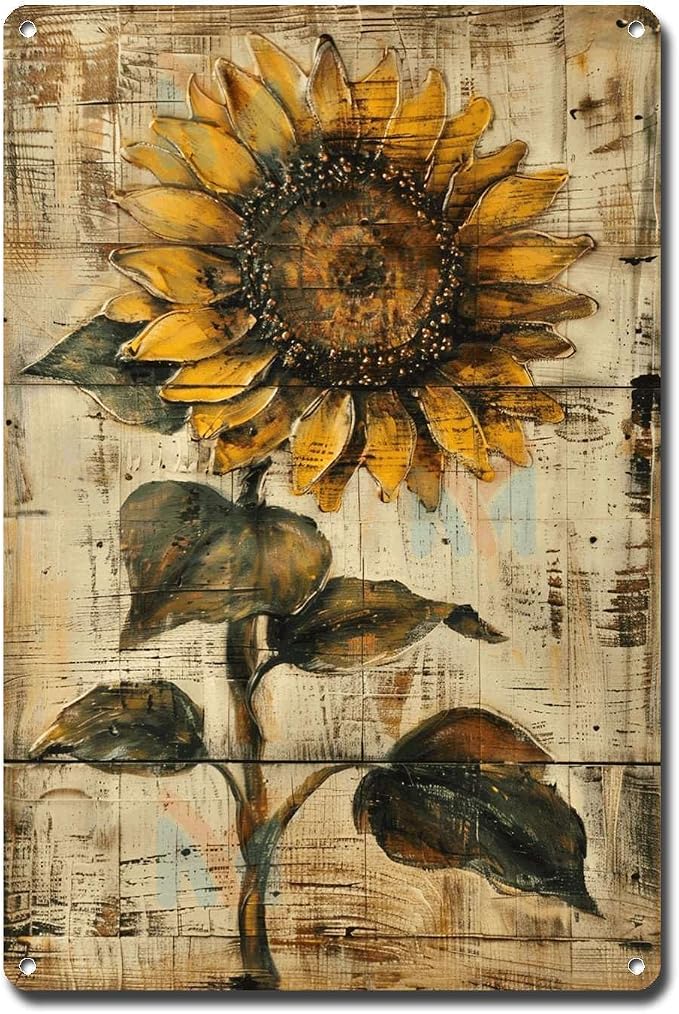Metal Sign Tin Sign Vintage Wall Art Shabby Chic Sunflower Tin Sign for Rustic Wall Decor Antique Artistry and Distressed Wood Surface Wall Art for Club 12×16 Inches