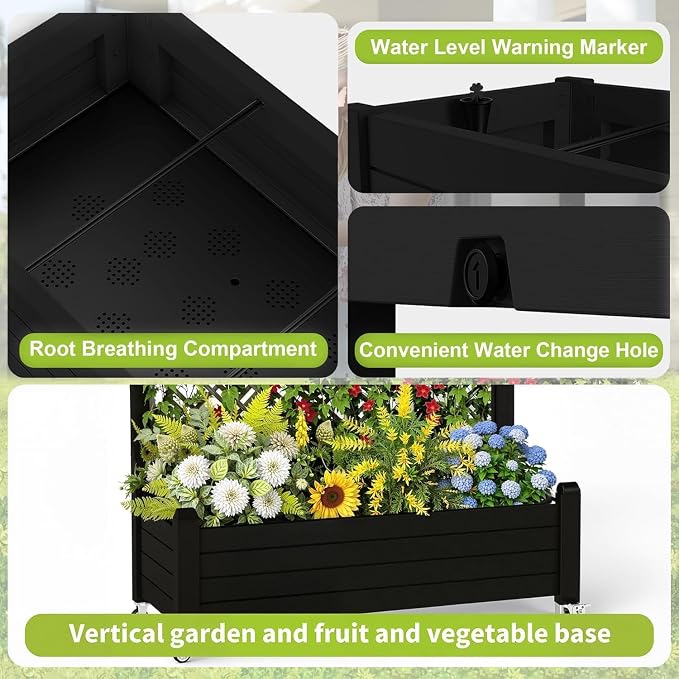 Vixzen 64" Tall Raised Garden Bed,Outdoor Large Resin Planter Box with Trellis and Drain Plug for Climbing Plants,Easy to Assemble,Water Monitor,Mobility(Black, 43.43"×18.27"×64.29")