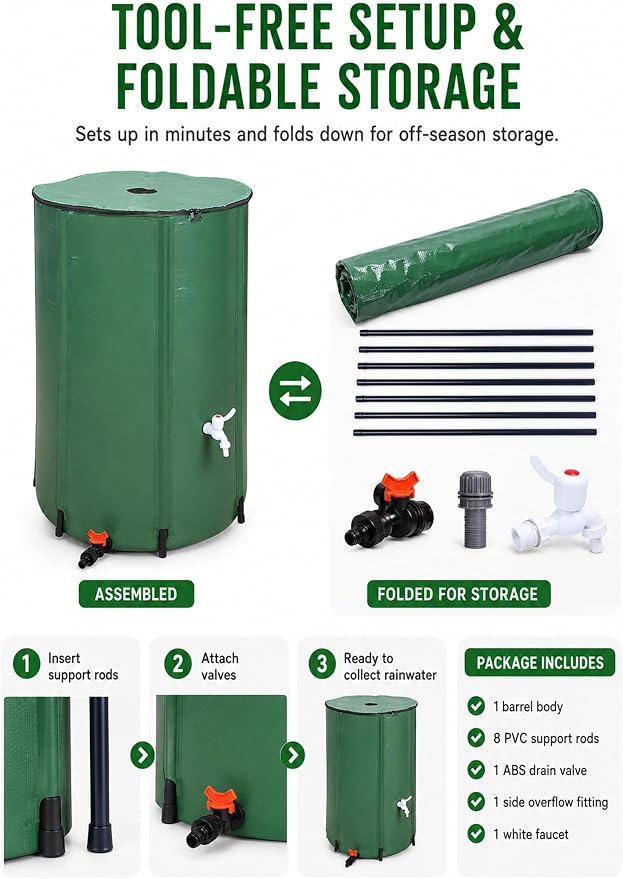 132 Gallon Collapsible Rain Barrel, Rain Water Collection Barrel System Kit, Collapsible Water Tank with 2 Spigots and Overflow Kit, Portable Rain Water Catcher for Garden, Green