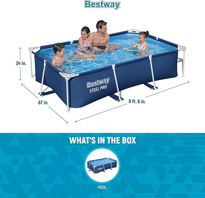 Bestway Steel Pro 8.5 Feet x 67 Inch x 24 Inch Rectangular Steel Frame Above Ground Outdoor Backyard Swimming Pool, Blue (Pool Only)