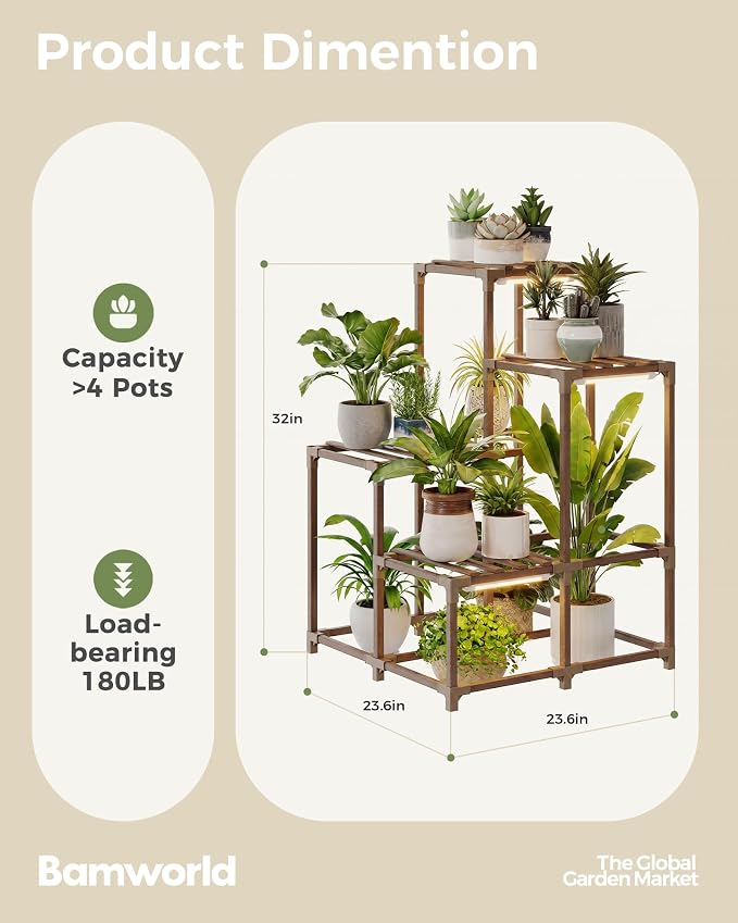 Bamworld 4-Pot Plant Stand with Grow Light Indoor Outdoor Corner Shelf Plant Holder Flower Stand Wood Plant Rack Indoor Multiple Plants Patio Balcony Garden Living room
