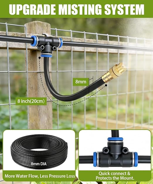 100FT 5/16" Misting Irrigation System for Garden with 40 Adjustable Nozzles | 360° Bendable Copper Nozzles, Quick Connect, Steady Flow, UV-Resistant PE Tubing & Accessories, Garden Beds& Greenhouse