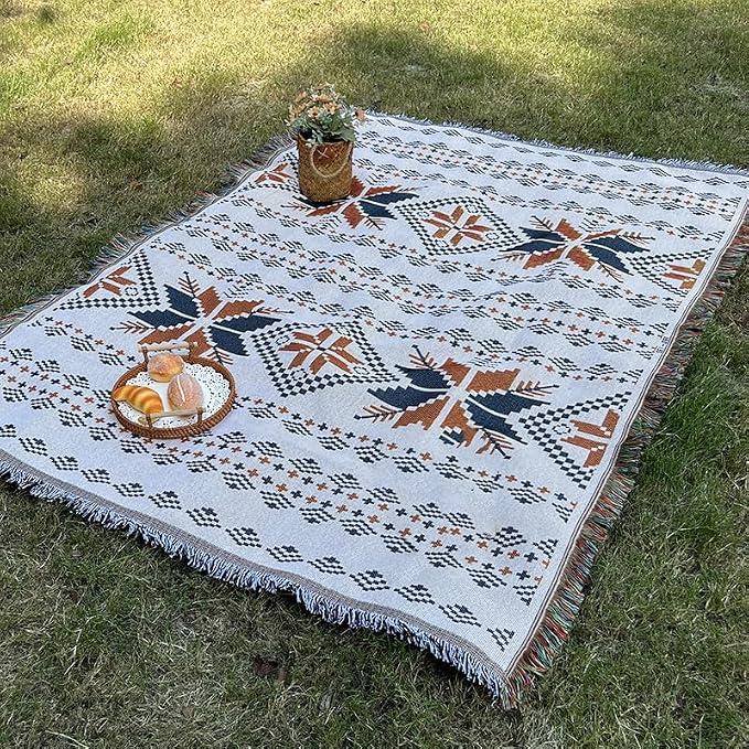 White Picnic Blanket, Extra Large Soft Cotton Gauze Picnic Rug 71"x71", Lightweight Breathable Blanket, Machine Washable for Beach, Camping, Park, Couples (Patterned Glow - No Straps)